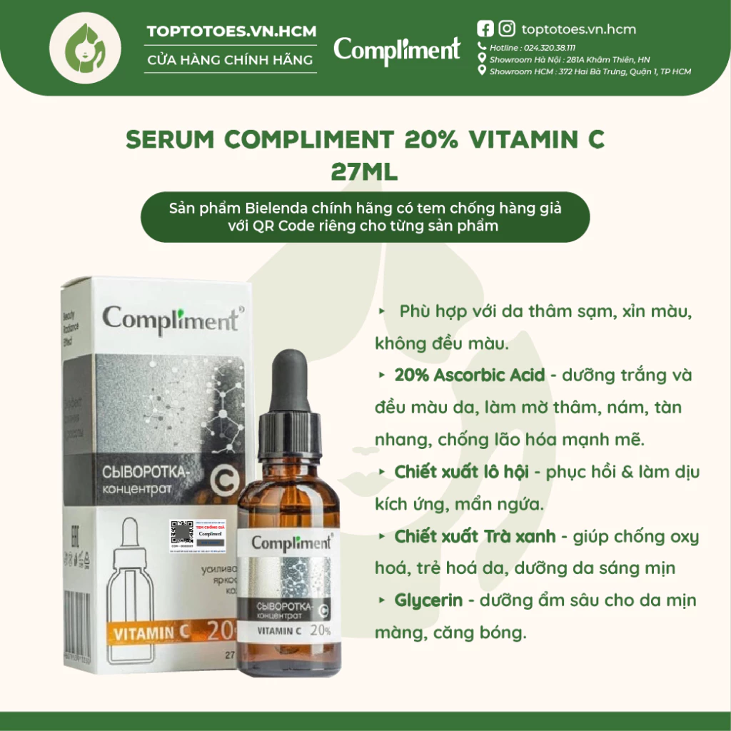 Serum Compliment 20% Vitamin C dưỡng trắng, mờ thâm, căng bóng da - 27ml