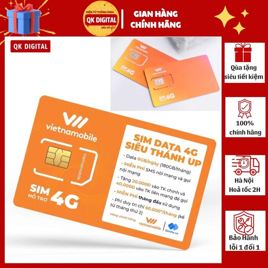 Sim 4G Vietnamobile Data 180Gb (6Gb/Ngày - Thánh Úp & Trọn Đời) Sim Gọi Miễn Phí - Sim Không Giới Hạn Data - Giá Siêu Rẻ