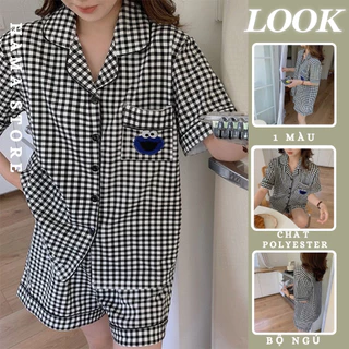 Bộ Đồ Ngủ Pijama Nữ Tay Ngắn Họa Tiết Kẻ Đen Đơn Giản Thời Trang Phong Cách Hàn Quốc -BNN42