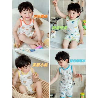 Bộ ba lỗ hoạt hình viền màu chất cotton lụa lạnh cho bé trai bé gái 8-18kg