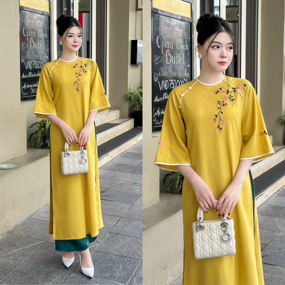 Áo dài nữ cách tân chất liệu Linen thêu hoa ngực tay lỡ màu vàng rực rỡ - Áo Dài Pháp Phục Hà Nội - HN25