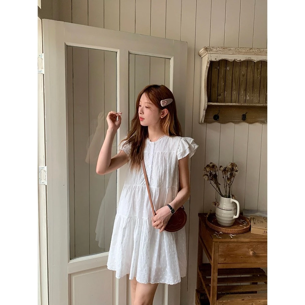 Đầm - Váy babydoll cánh tiên HOA THÊU form xòe viền cổ siêu xinh LINA CLOSET