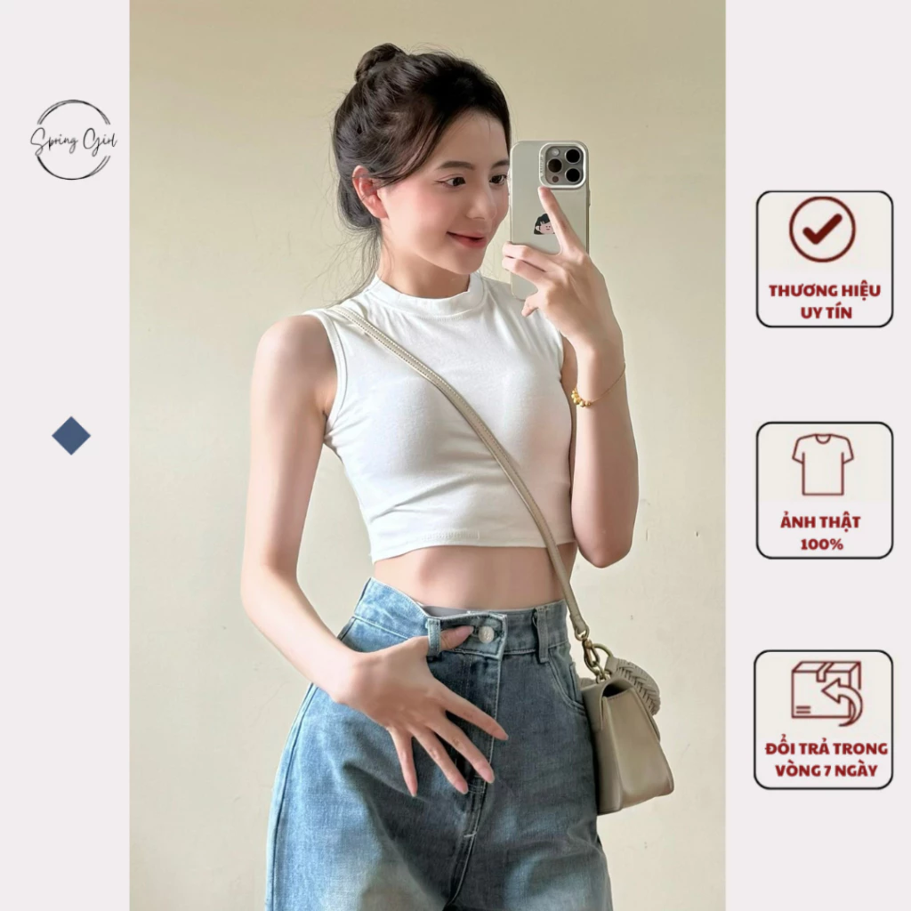 Áo 3 lỗ croptop thể thao Spring chất zip co giãn vừa phải 2300 P0K34