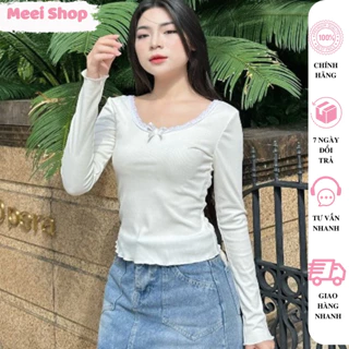 Áo kiểu nữ tay dài cổ tròn viền ren đính nơ xinh Meei Shop, Áo kiểu dáng dài ôm body chất gân tăm co giãn,tiểu thư -A426