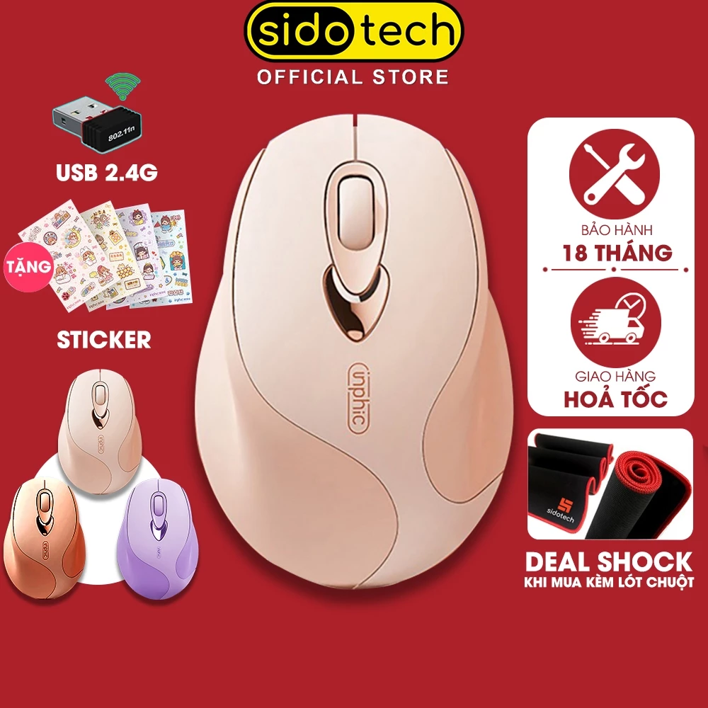 Chuột máy tính không dây SIDOTECH INPHIC M8 cute màu hồng tự sạc pin dòng silent click chống ồn máy tính laptop masbook