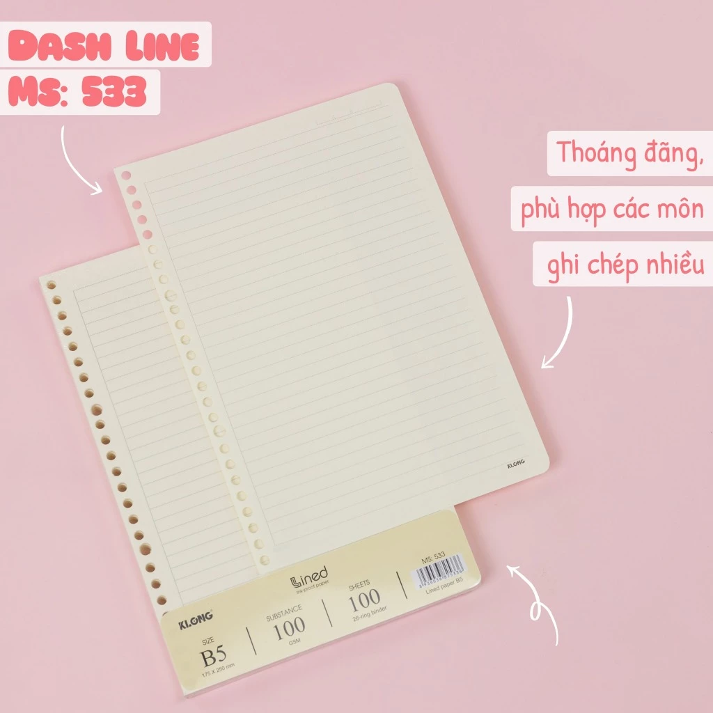 RUỘT sổ còng KLONG B5 Dash Lined 100 tờ 100 gsm 76% iso, HXGS B5 Kẻ ngang nét đứt klong MS 533