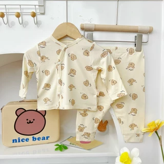 Bộ sơ sinh dài tay cài lệch hoạ tiết cho bé trai, bé gái 0-9M, vải thun Hàn siêu mát D05