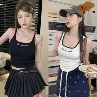 Áo ba lỗ nữ cổ vuông thêu chữ, Áo croptop 3 lỗ dáng ôm viền dáng ôm RESU