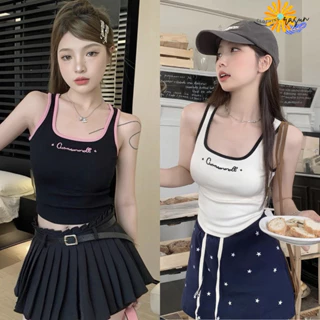 Áo ba lỗ nữ cổ vuông thêu chữ, Áo croptop 3 lỗ dáng ôm viền dáng ôm RASUN