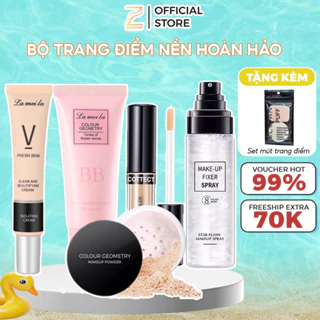 Set trang điểm nền 4 món đầy đủ makeup gồm kem lót, kem nền, che khuyết điểm và phấn phủ tặng kèm bông mút Zentop