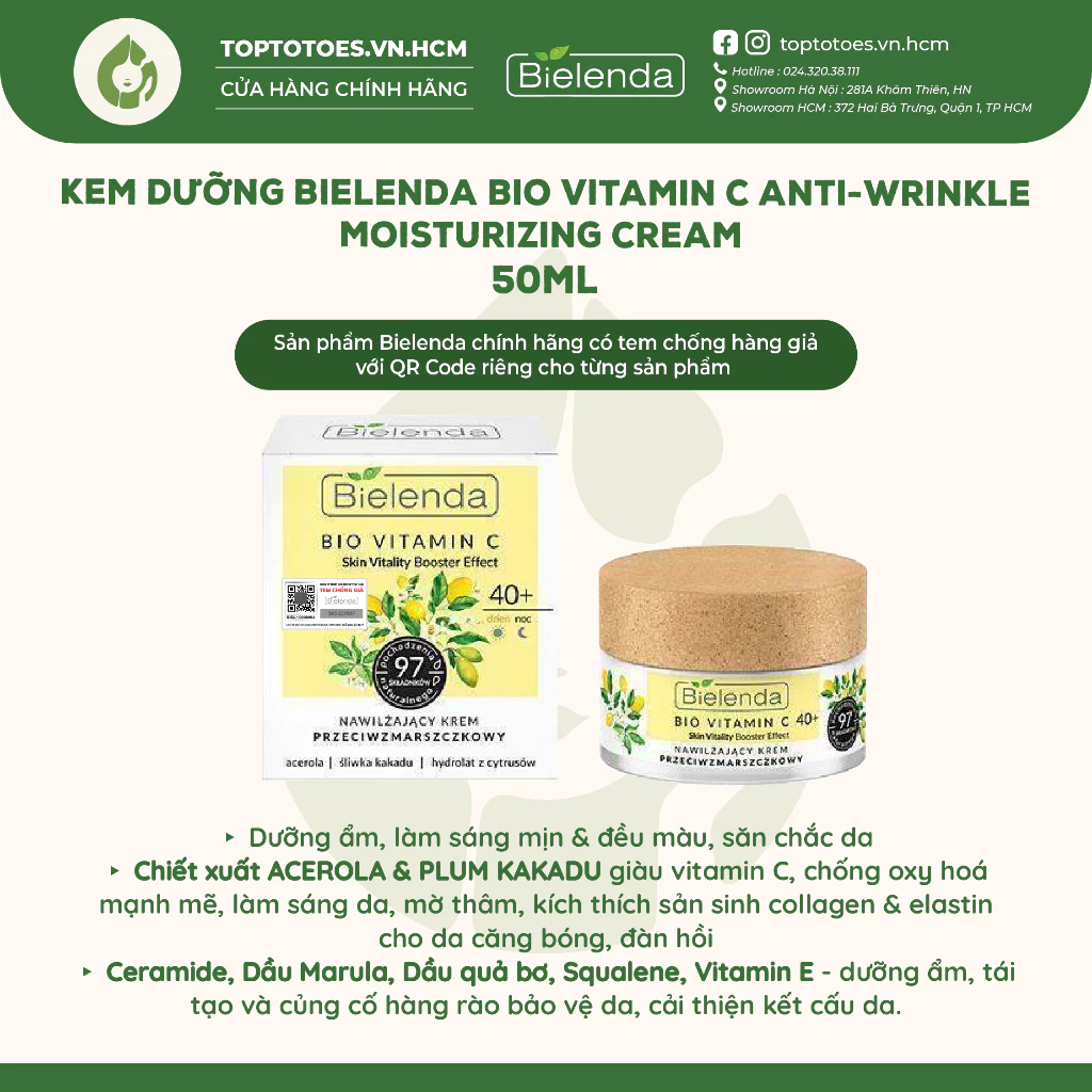 Kem dưỡng Bielenda Bio Vitamin C Anti-Wrinkle Moisturizing Cream 40+ làm sáng và trẻ hóa da