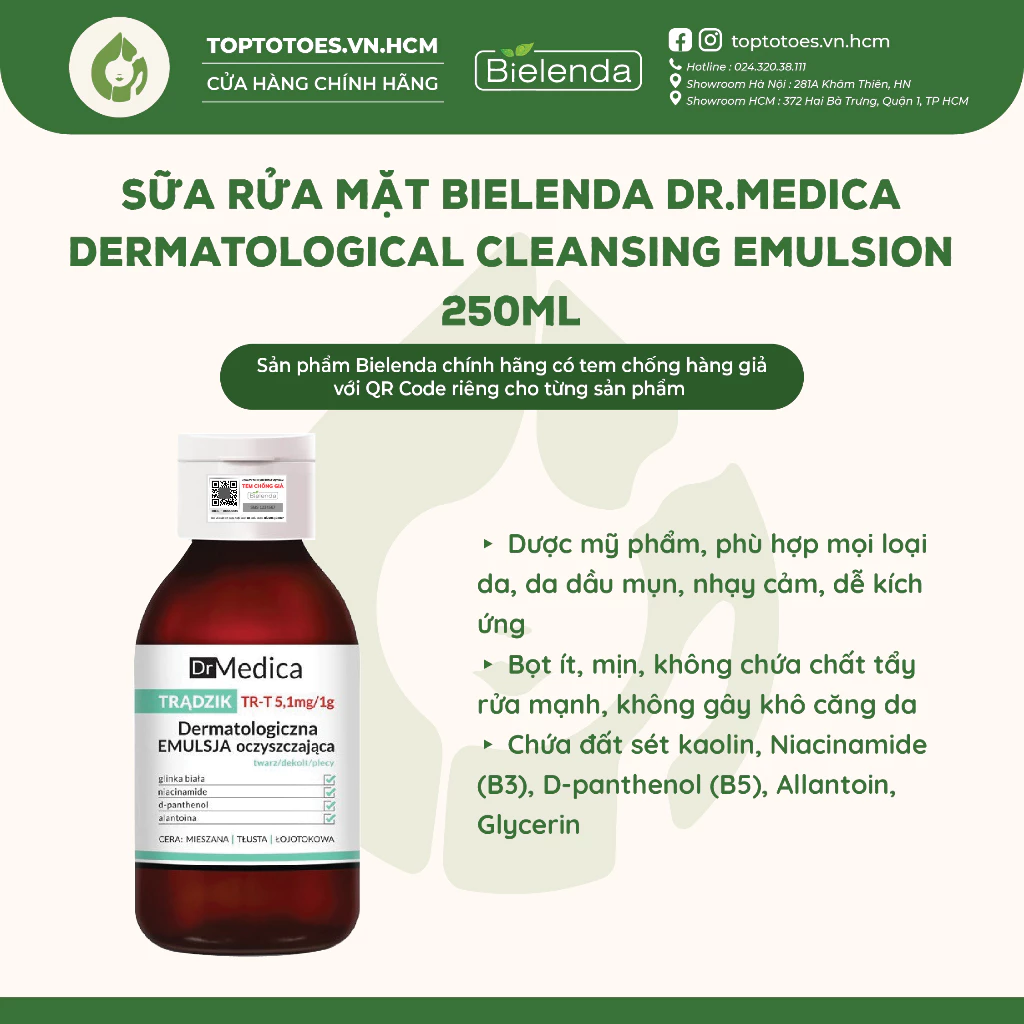 Sữa rửa mặt Bielenda Dr Medica Anti-acne Dermatological Cleansing Emulsion giảm mụn, làm sạch sâu mà vẫn êm dịu