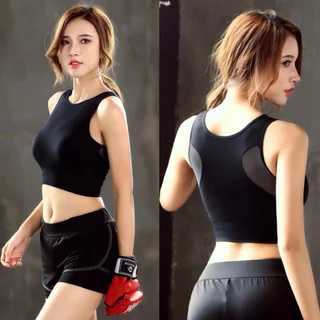 Áo croptop lưới vai có sẵn mút rời và mút liền thể thao tập gym yoga nữ có big size