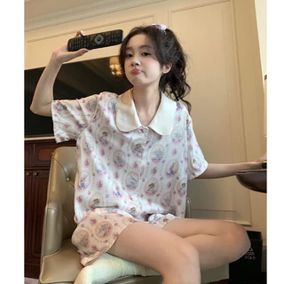 (ORDER) Bộ đồ ngủ pijama cộc tay mùa hè cổ bẻ búp bê vải lụa satin mềm thoải mái họa tiết thỏ hồng trắng Homedress QC ca