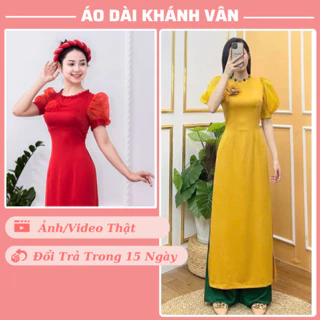 Áo Dài Nữ, Lụa Tây Thi Cao Cấp, Tay Bồng Phối Tơ, Cổ Tròn, Đính Cúc Kết HoaTrẻ Trung (MD04) - Áo Dài Khánh Vân