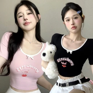 Áo thun nữ dáng croptop hoạ tiết nơ đáng yêu, áo phông babytee cổ tròn tôn vòng 1 dễ thương