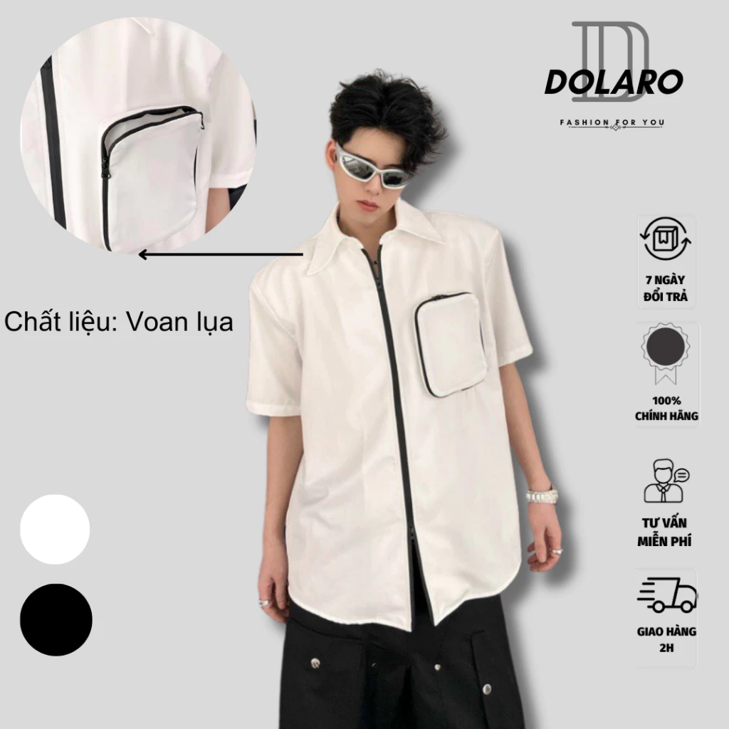Áo sơ mi zip nam nữ form rộng DOLARO, sơ mi unisex kiểu tay ngắn lụa local brand DOLARO hợp với thời trang 2024