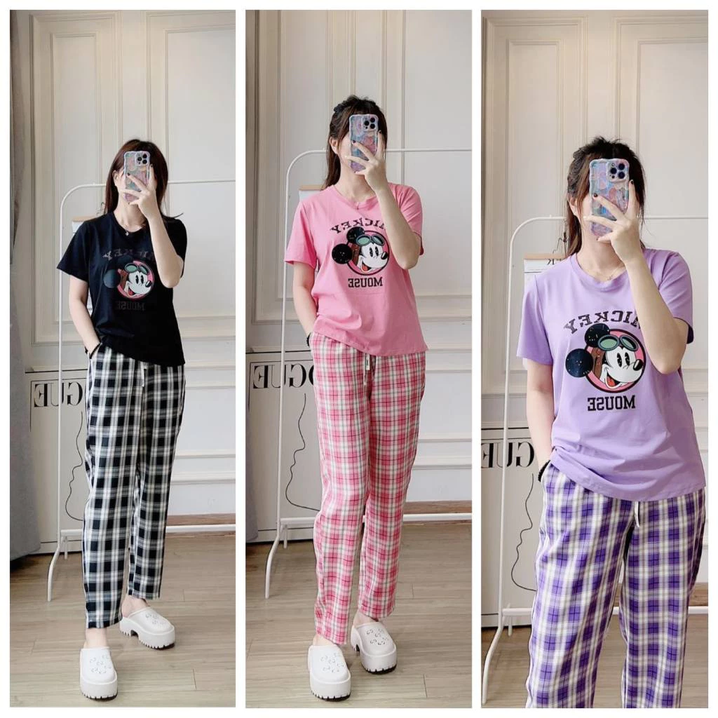 Đồ bộ nữ mặc nhà Micky HABU chất cotton mềm mát tay ngắn, quần dài kẻ caro HB5