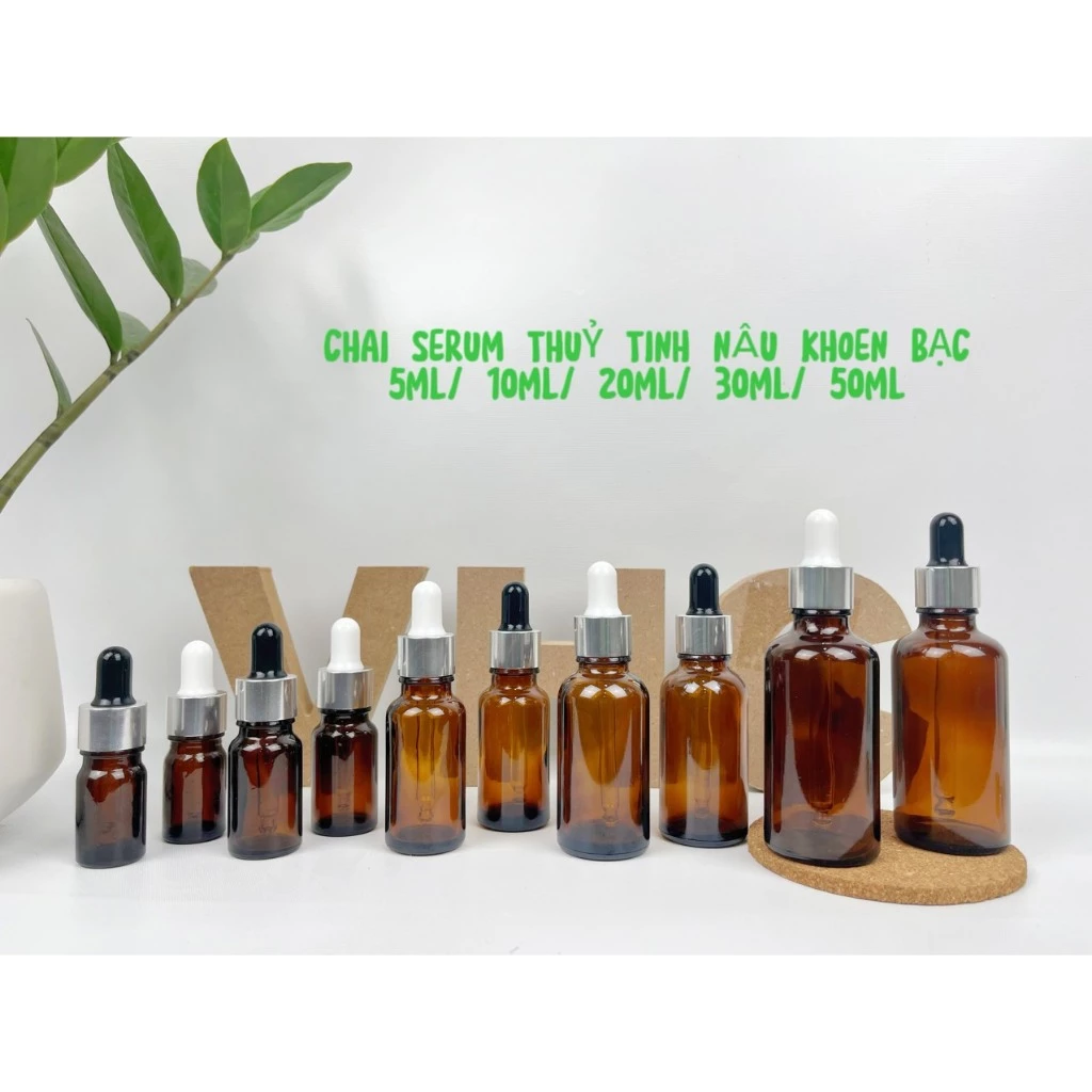 Chai Thủy Tinh Nâu Nắp Bóp Khoen Bạc Chiết Serum, Lọ Chiết Mỹ Phẩm 5ml/ 10ml/ 20ml/ 30ml/ 50ml