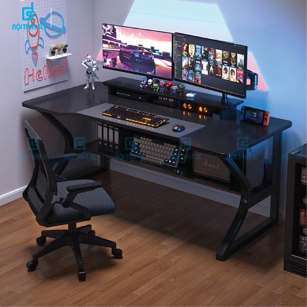 Bàn làm việc chân chữ K cong kèm kệ lửng, bàn gaming giá xưởng chân sắt 2x4cm sơn tĩnh điện chắc chắn lắp ráp dễ dàng
