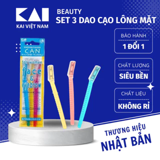 Set 3 Dao Cạo Lông Mặt & Lông Mày KAI Lưỡi Đơn Có Nắp Bảo Vệ Mang Theo Du Lịch