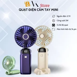 Quạt Cầm Tay Mini Gấp Gọn Sạc Tích Điện - 5 Cấp Độ Gió, Dung Lượng Pin 6000mAh Có Đèn Led Hiển Thị % Pin