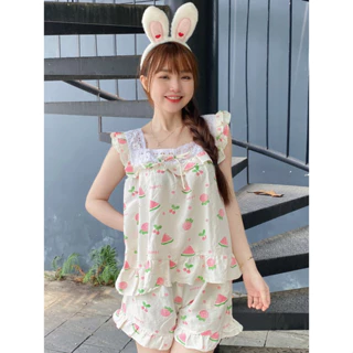 Bộ đũi mặc nhà 2 dây bản to viền ren hình gấu losto hoa nhí dễ thương -Pinksleepwear