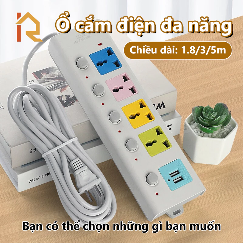 Ổ cắm điện đa năng 7 Cổng Sạc USB 2 Cáp USB 3 Và 5M Dây Cáp Dày Chất Lượng Cao 100% Chính Hãng