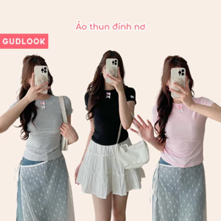 Áo Thun Nữ Babytee Cổ Tròn GUDLOOK Cotton Phối Nơ Trơn Trẻ Trung