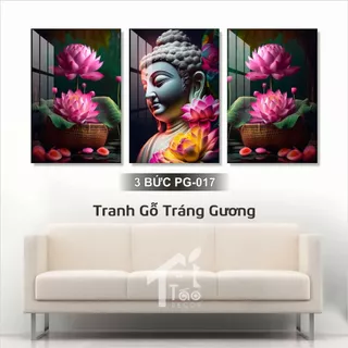 Bộ 3 bức tranh treo tường gỗ tráng gương Phật và hoa sen, tranh trang trí phòng khách, phòng thờ, Táo Decor