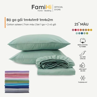 Set ga gối 3 món cho giường 1m4x2m 1m4x1m9 Cotton Satin Hàn trơn màu FamiHi Bedding, drap giường 1m4, 2 vỏ gối 50x70