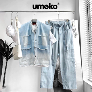 UMEKO Set Ray Of Light Ver.3 Unisex Gồm Áo Khoác Gile Denim Và Quần Jean Ống Rộng Phối Cạp Dây Túi Hộp Thời Trang