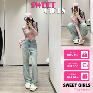 Quần jean ống rộng, quần bò ống suông thêu chữ chìm cá tính! SWEET GIRLS SHOP