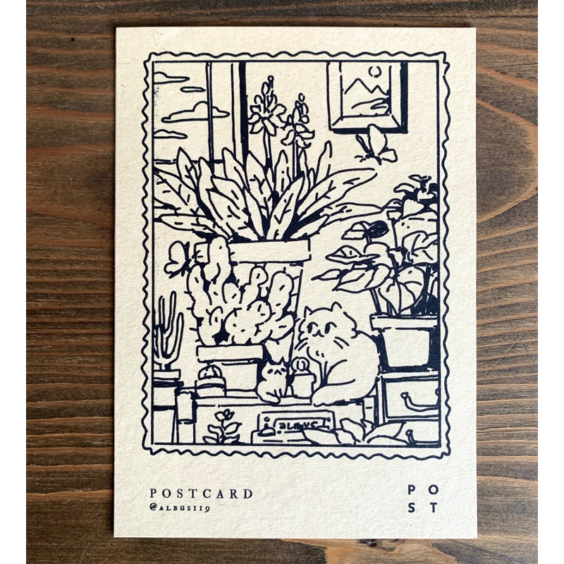 Bộ 4 Bưu thiếp Mèo và cây in 2 mặt | Line art Cat postcard | albus119 - 10x13cm
