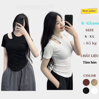 Áo Thun Cộc Tay Khoét Vai Vạt Tròn Chất Liệu Tăm Hàn , Áo Hở Vai K-Glam