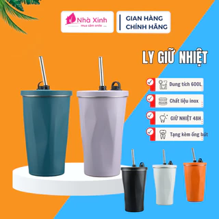 Bình nước giữ nhiệt, cốc đựng nước chất liệu inox 304 cao cấp, an toàn, dung tích 600ml kèm ống hút chính hãng