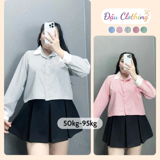 Áo sơ mi croptop kẻ sọc nữ CÓ BIGSIZE cổ trắng tay dài bo gấu vải lụa mềm mịn ít nhăn SM165