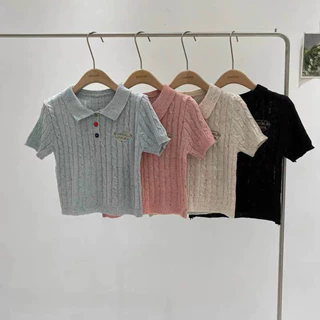 Áo len polo cổ bẻ croptop khuy 3 màu, len thừng sóng xinh xắn