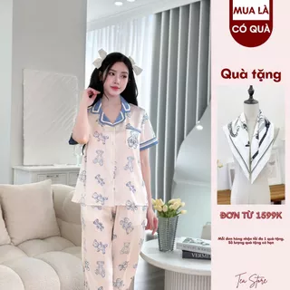 Bộ mặc nhà Pyjama lụa TEA tay cộc quần dài họa tiết Tea bear TNQD