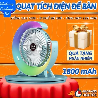 Quạt Tích Điện Để Bàn Xoay 180 Độ Tích Hợp Đèn Ngủ -  Quạt Tích Điện Mini Gấp Gọn, Cổng Sạc USB, Dung Lượng Pin Lớn