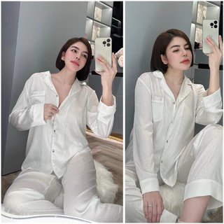 Bộ ngủ mặc nhà pijama lụa cao cấp Quảng Châu tay dài túi thêu trắng