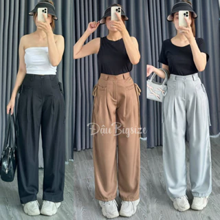 Quần Lưng Cao Túi Dây Buộc Nơ Bigsize Nữ ,Quần Suông Ống Rộng Vải Cotton QNT