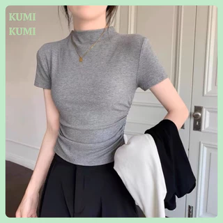 Áo Gân Tăm Tay Ngắn Croptop Cổ Cao Kumikumi