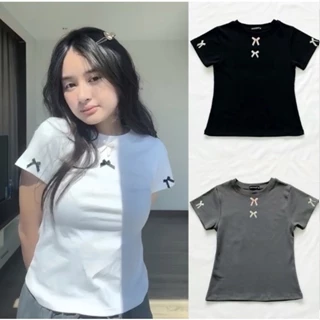 Áo thun đính nơ form ôm body cho nữ, baby tee gắn nơ đủ màu chất cotton co giãn thoải mái