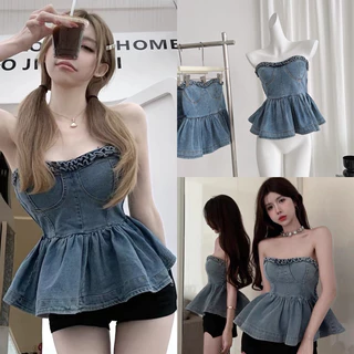 Áo babydoll jean cúp ngực phối bèo hàng QC loại 1