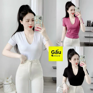 Áo thun tăm cổ V ôm body nữ gân tăm QC trơn ( cổ V TN HN )