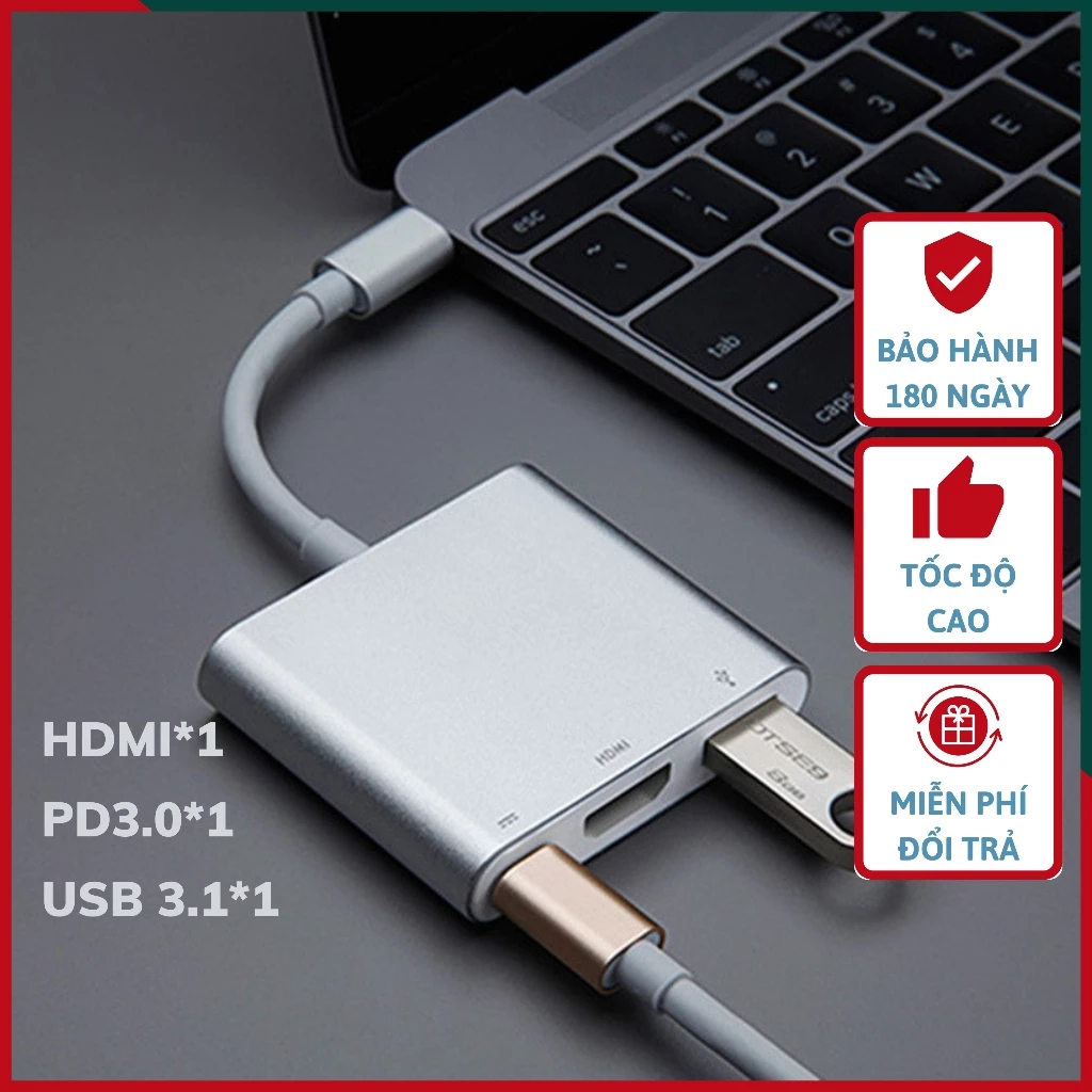 Hub Type C 3in1 - Cổng chuyển đổi HUB USB Type-C to HDMI, USB 3.0, PD Type-C cho Laptop Macbook, Điện thoại, Samsung Dex