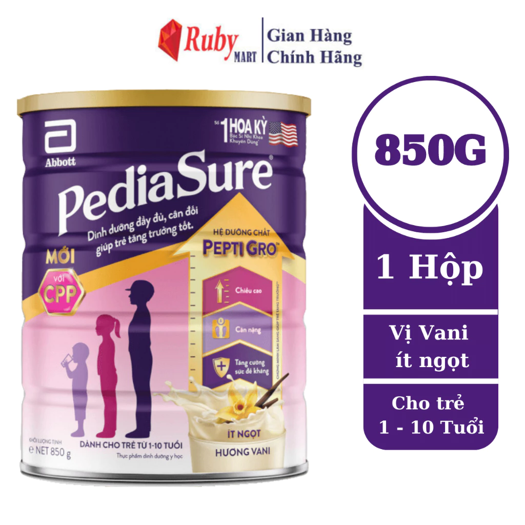 [Date T1/26] Sữa bột Pediasure 850g Ít ngọt hương vani giúp bé tăng trưởng về chiều cao, cân nặng