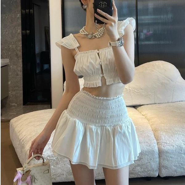 Set áo crotop chân váy trắng trắng xòe 2 tầng, set áo kiểu cánh tiên kèm váy cho nàng đi biển, đi chơi chất liệu mềm mịn
