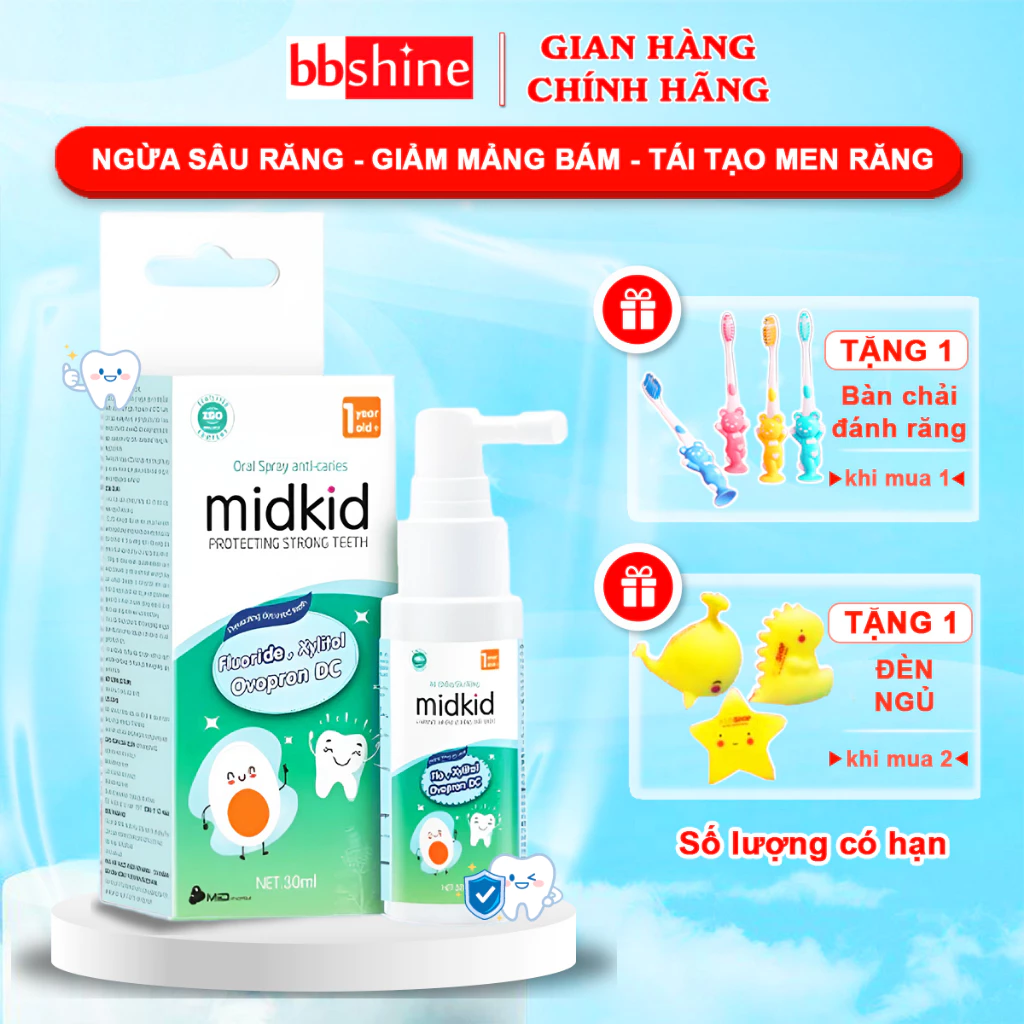 Xịt chống sâu răng cho bé, Xịt chống sâu răng Midkid chính hãng an toàn (tặng kèm 1 bàn chải đánh răng) BBShine – I018